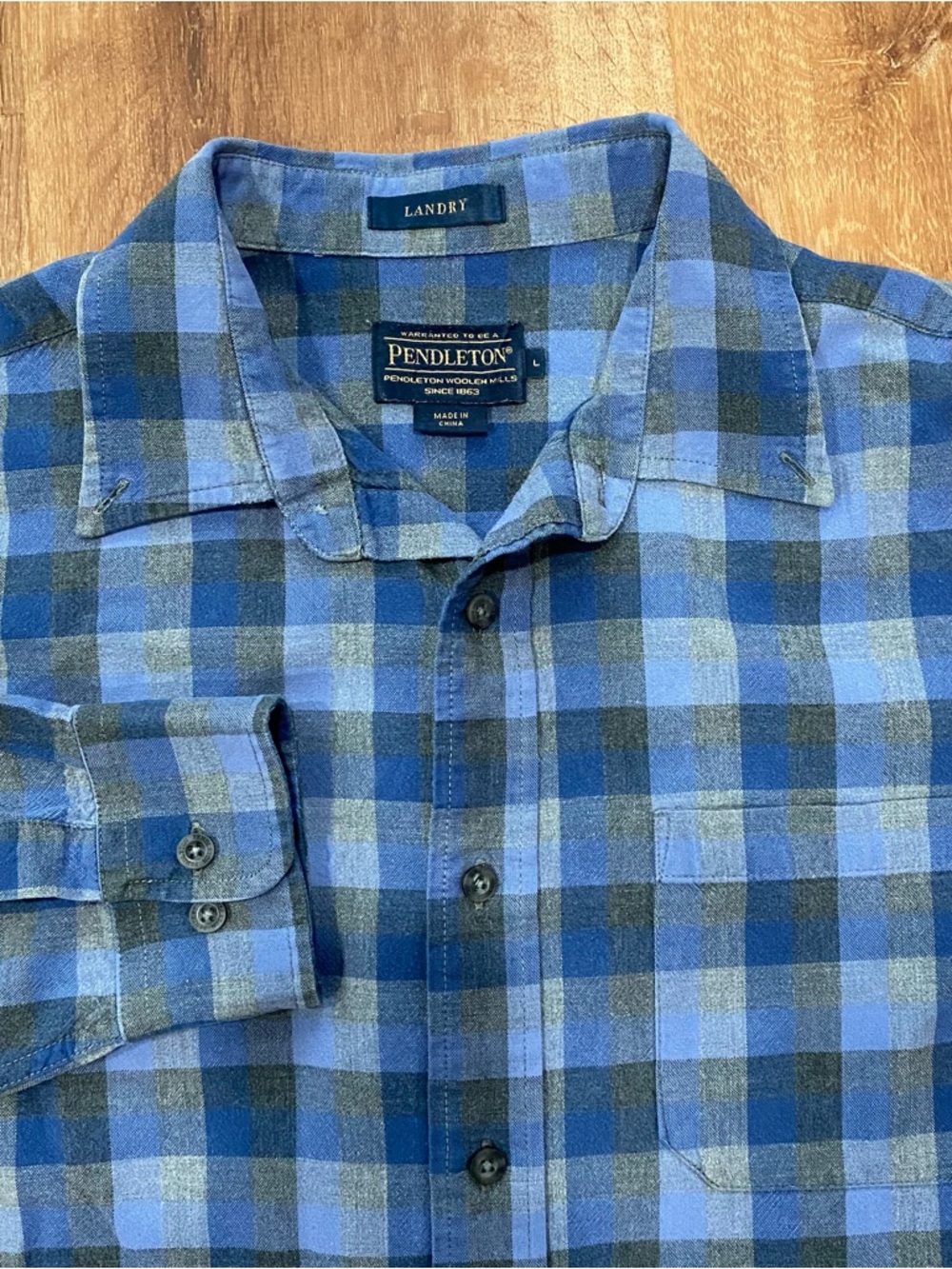 Pendleton Landry Shirt Mens Large Button-Down Blue Plaid Cotton Wool